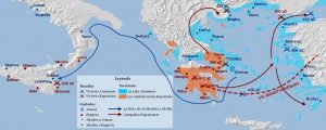 imagen de mapa de la Evolución de la Guerra del Peloponeso (mihistoriauniversal)