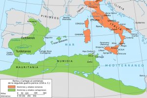 Guerras Púnicas - mapa de los dominios cartagineses y romanos al inicio de la Segunda Guerra Púnica.