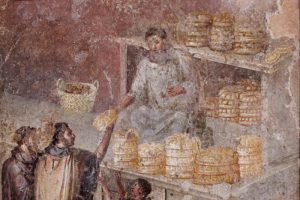 imagen de patricios y plebeyos comprando el pan en Pompeya