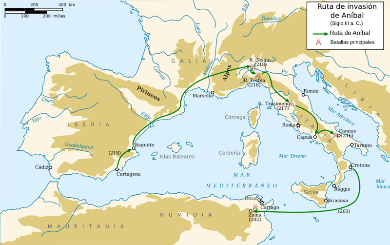 mapa de las Guerras Púnicas: la ruta seguida por Aníbal hasta Italia